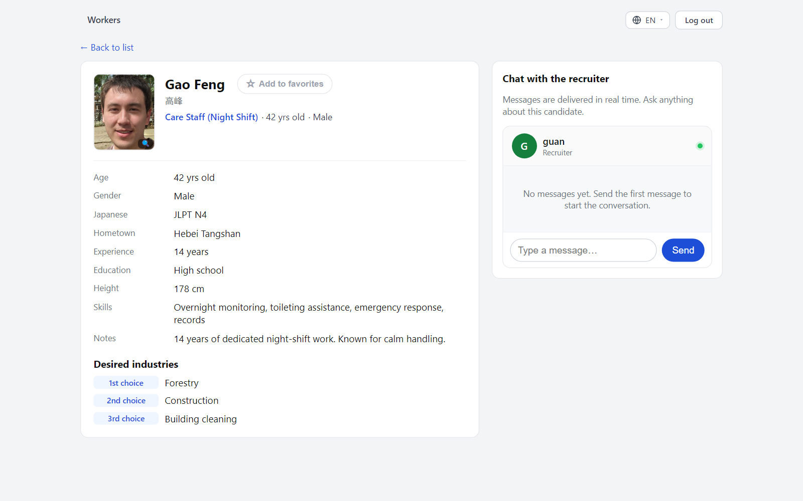 Worker profile detail page